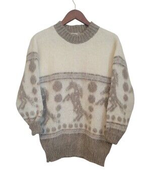 Alafoss Icewool Icelandic Wool Nordic Fair Isle Sweater Cream Gray Small Vintage